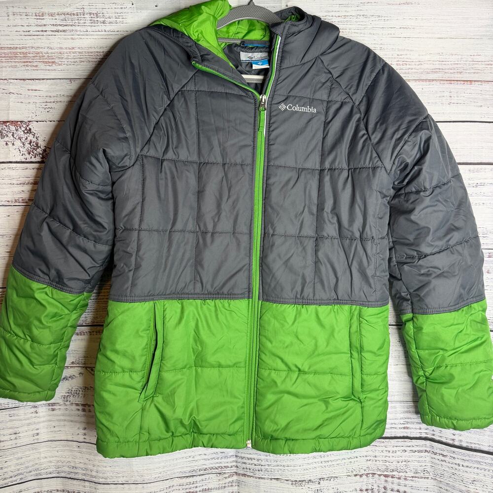 Columbia Kids XL 18/20 Puffer Jacket Gray Green Hooded Full Zip Winter Coat